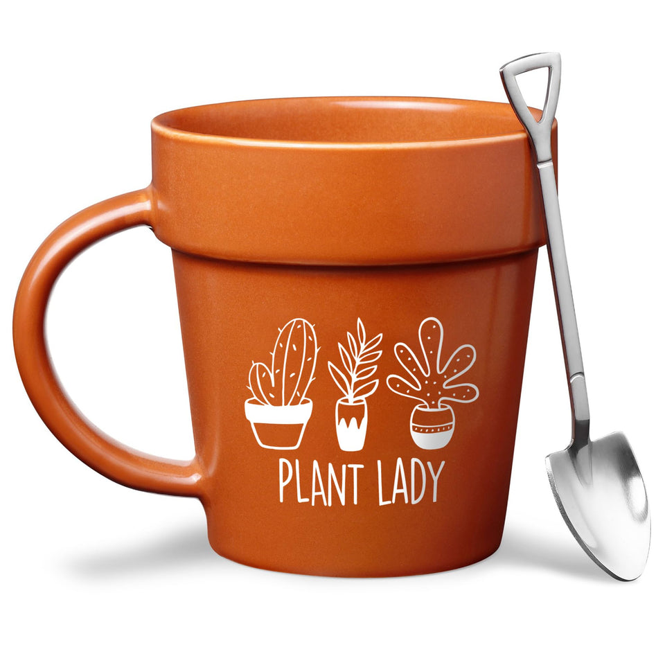 VELENTI Plant Pot Mug front view with shovel ornament, ideal for plant lovers' coffee moments.