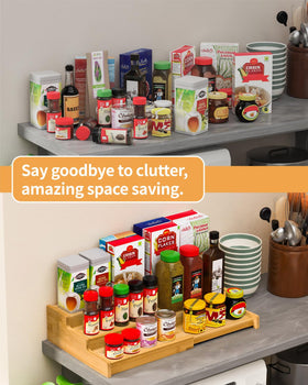 VenDotbi expandable bamboo spice rack demonstrates adjustable width for fitting tight cabinet spaces