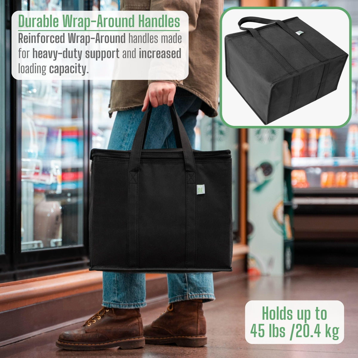 VENO zippered lid prevents items from falling out during transport.