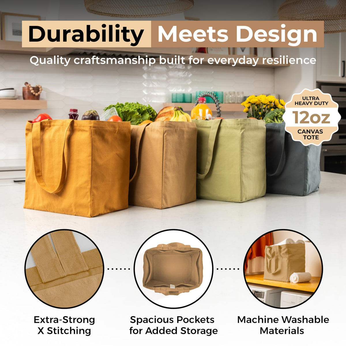 VeraMia natural cotton canvas shows no logos and is machine washable.