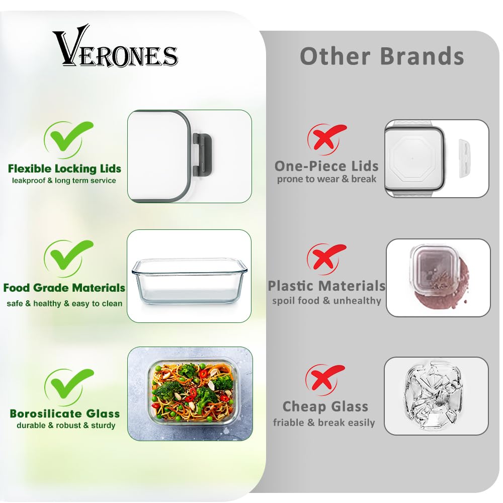 VERONES microwave and oven safe glass containers for reheating foods safely.