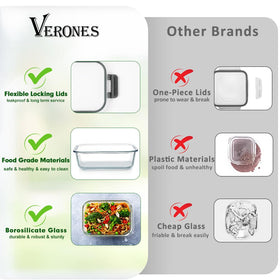 VERONES microwave and oven safe glass containers for reheating foods safely.
