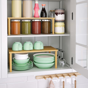 VERTORGAN stackable shelves in use, maximizes small kitchen counter space.