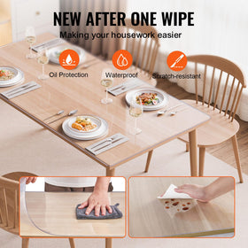 VEVOR clear table cover being flattened for a snug, wrinkle-free fit.