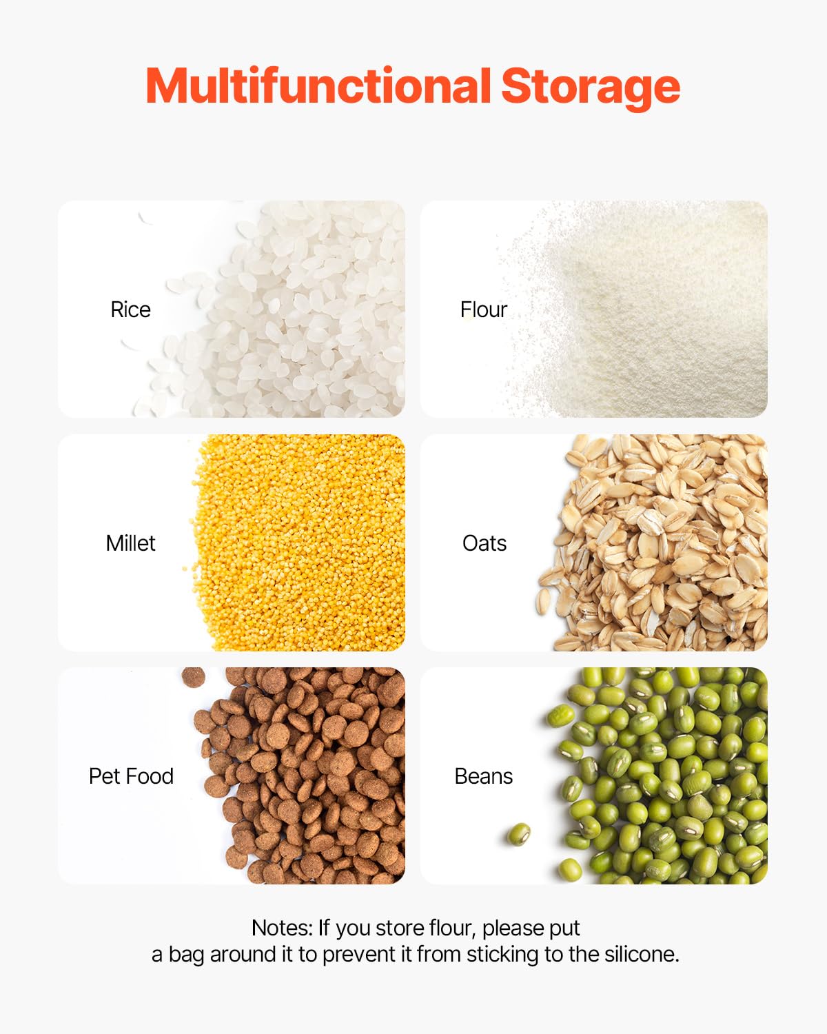 VEVOR food-grade PP material ensures safe dry storage.