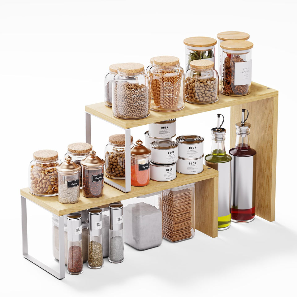 Vfelf cabinet organizer shelf two-tier design keeps countertops clutter-free.