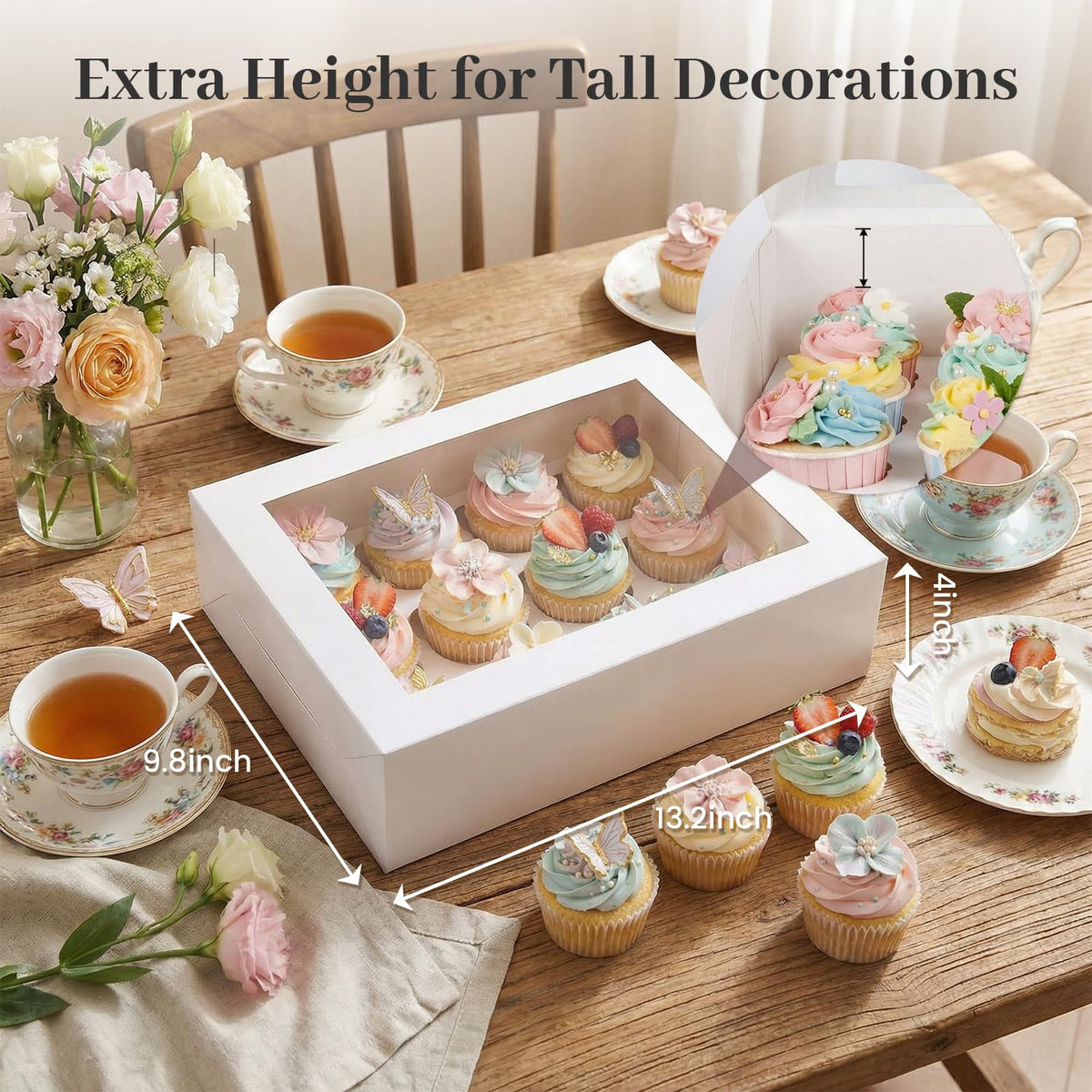 White pastry boxes with 12-slot insert protecting cupcakes during transport