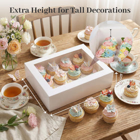 White pastry boxes with 12-slot insert protecting cupcakes during transport