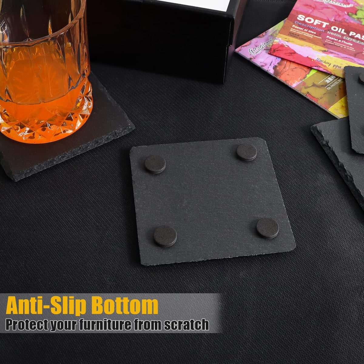 VIBRATITE 4-inch slate coaster with felt pads stays steady.