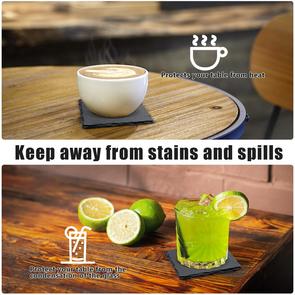 VIBRATITE easy-clean slate coaster for quick maintenance.