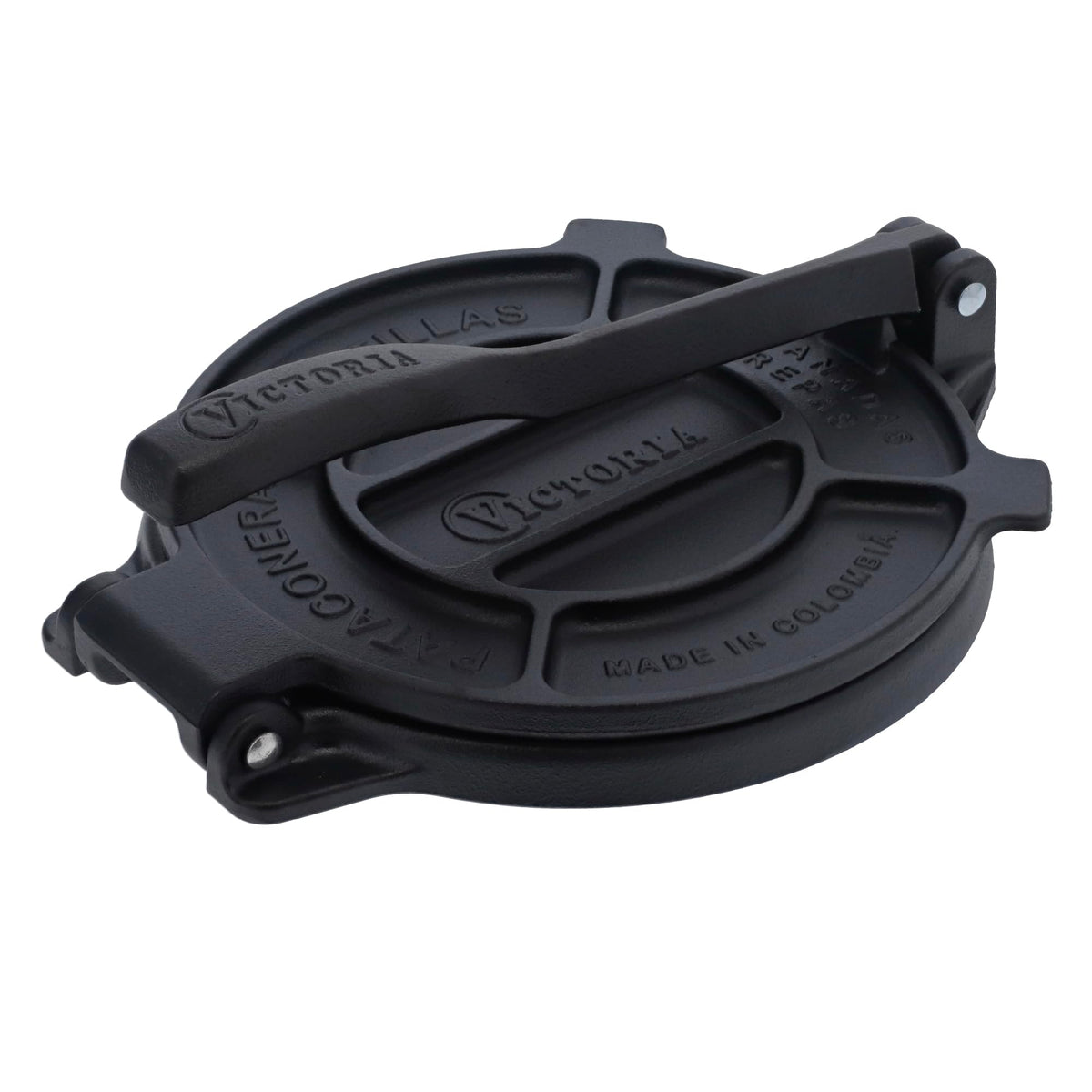 Victoria 8-inch cast iron tortilla press, closed view, durable heat retention for tortillas.