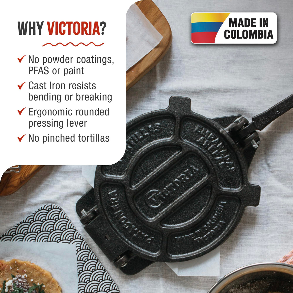 Victoria 8-inch cast iron tortilla press, open view, easy to flatten dough for tortillas.