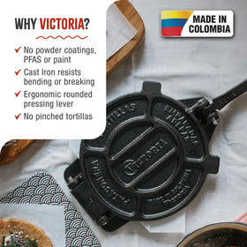 Victoria 8-inch cast iron tortilla press, open view, easy to flatten dough for tortillas.