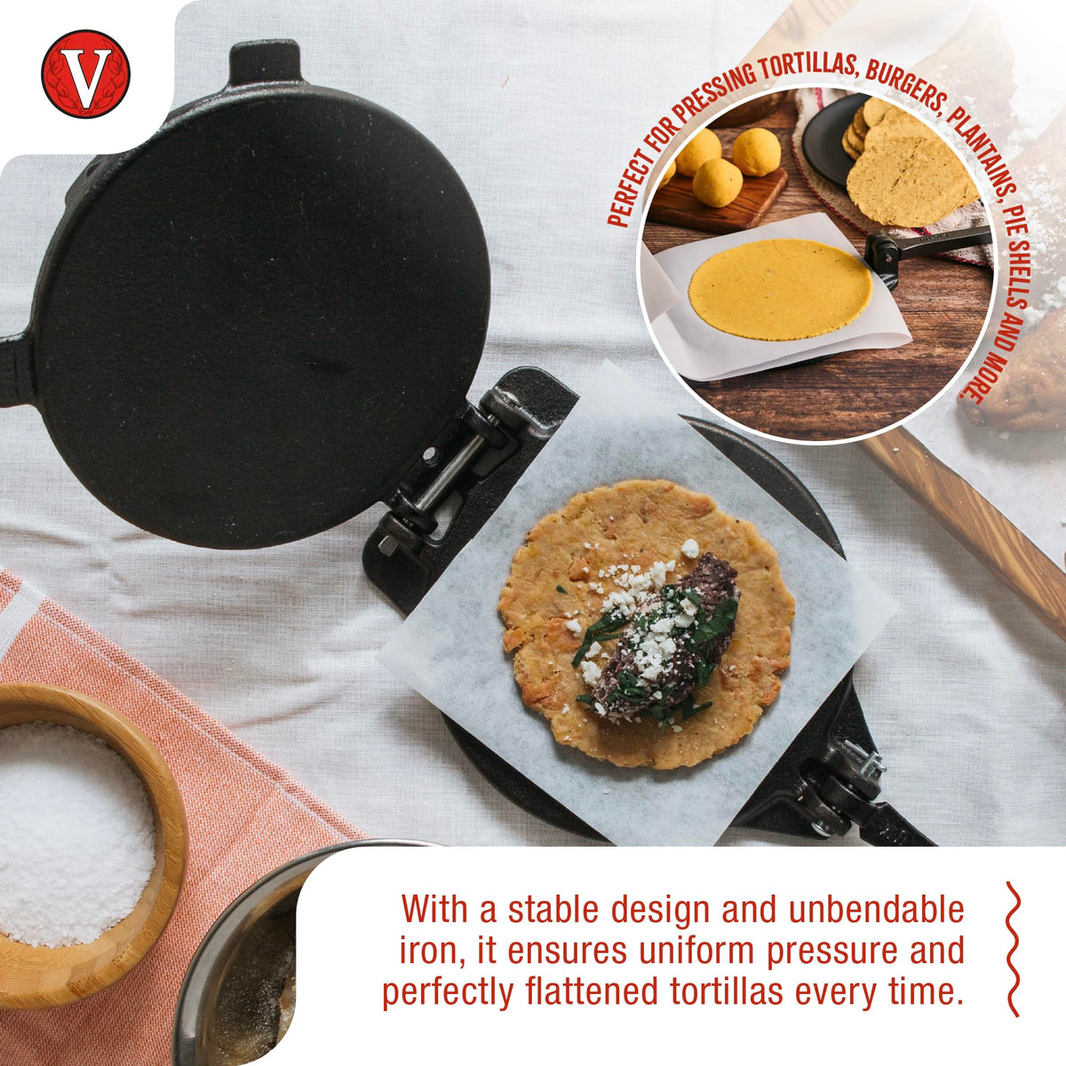 Victoria tortilla press seasoned with flaxseed oil for ready-to-use performance.