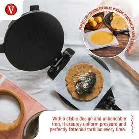 Victoria tortilla press seasoned with flaxseed oil for ready-to-use performance.