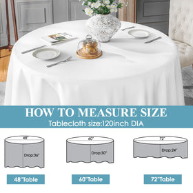VidaFete white round tablecloth showing smooth wrinkle-free surface for events.
