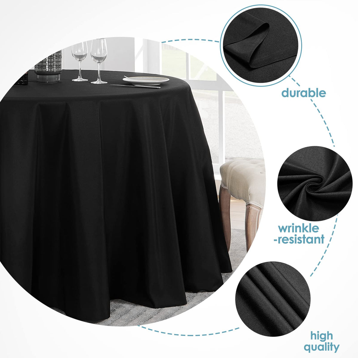 VidaFete black round tablecloth demonstrating stain resistance and durability.