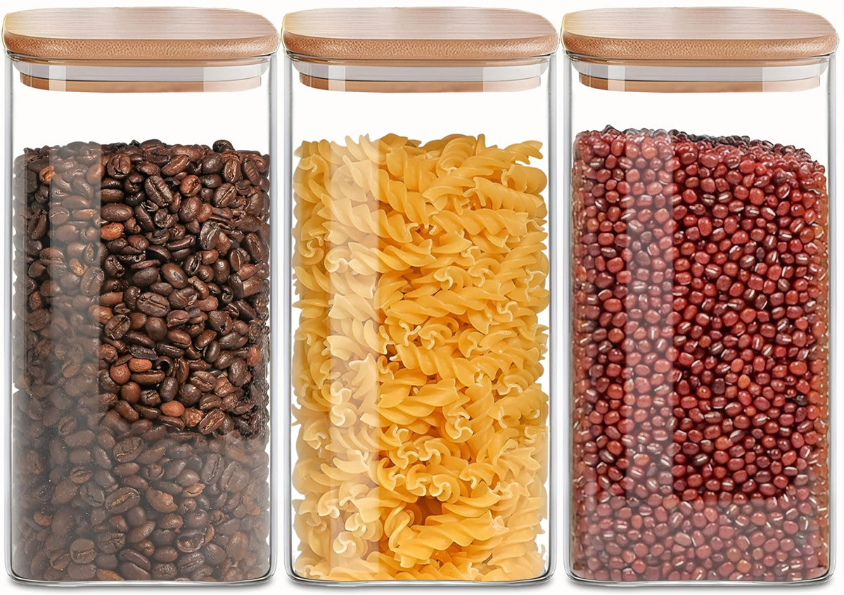 VIEWELLD square glass storage set with lids ideal for pantry organization.