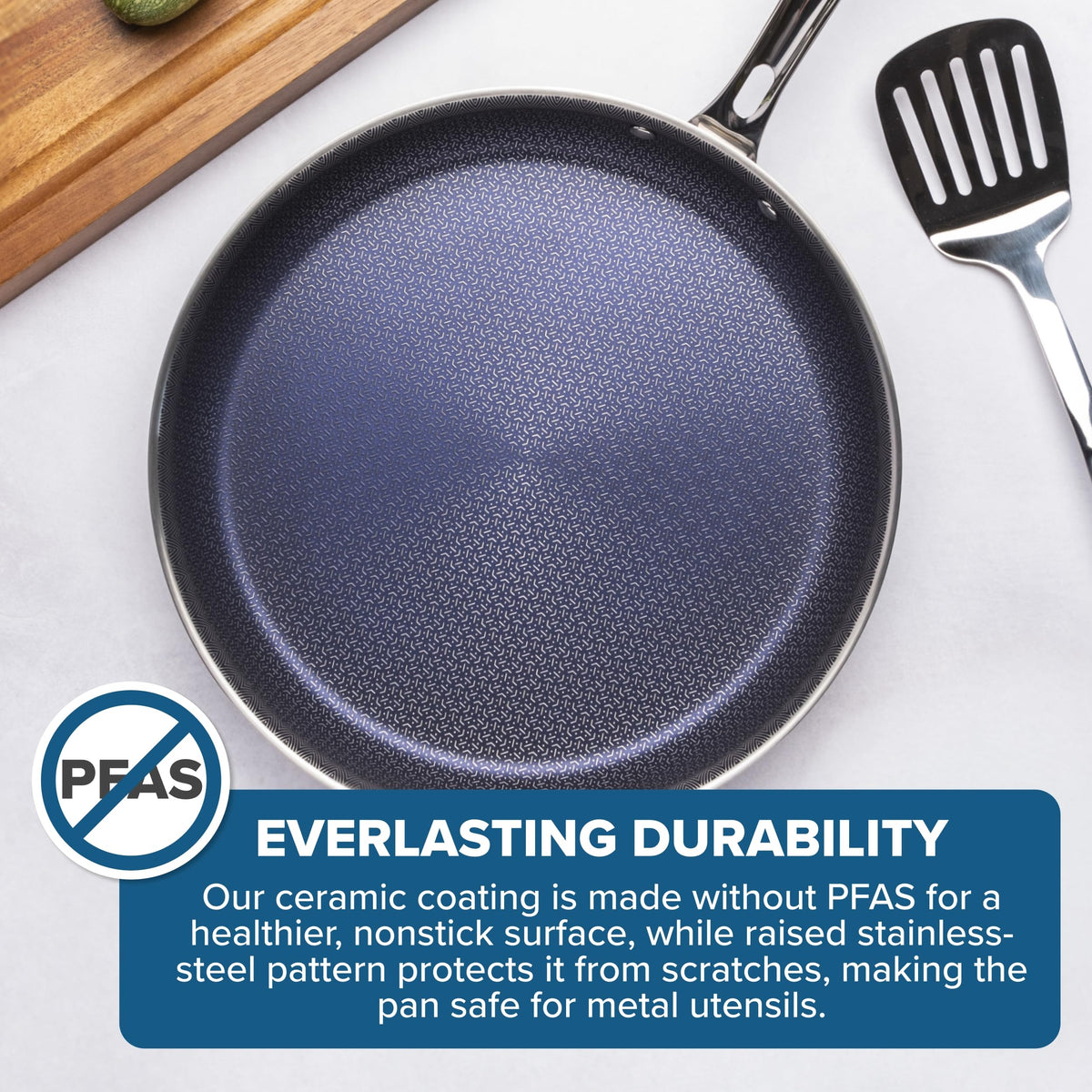 Oven-safe Viking Hybrid Plus pan ready to transition from stove to oven up to 500F.