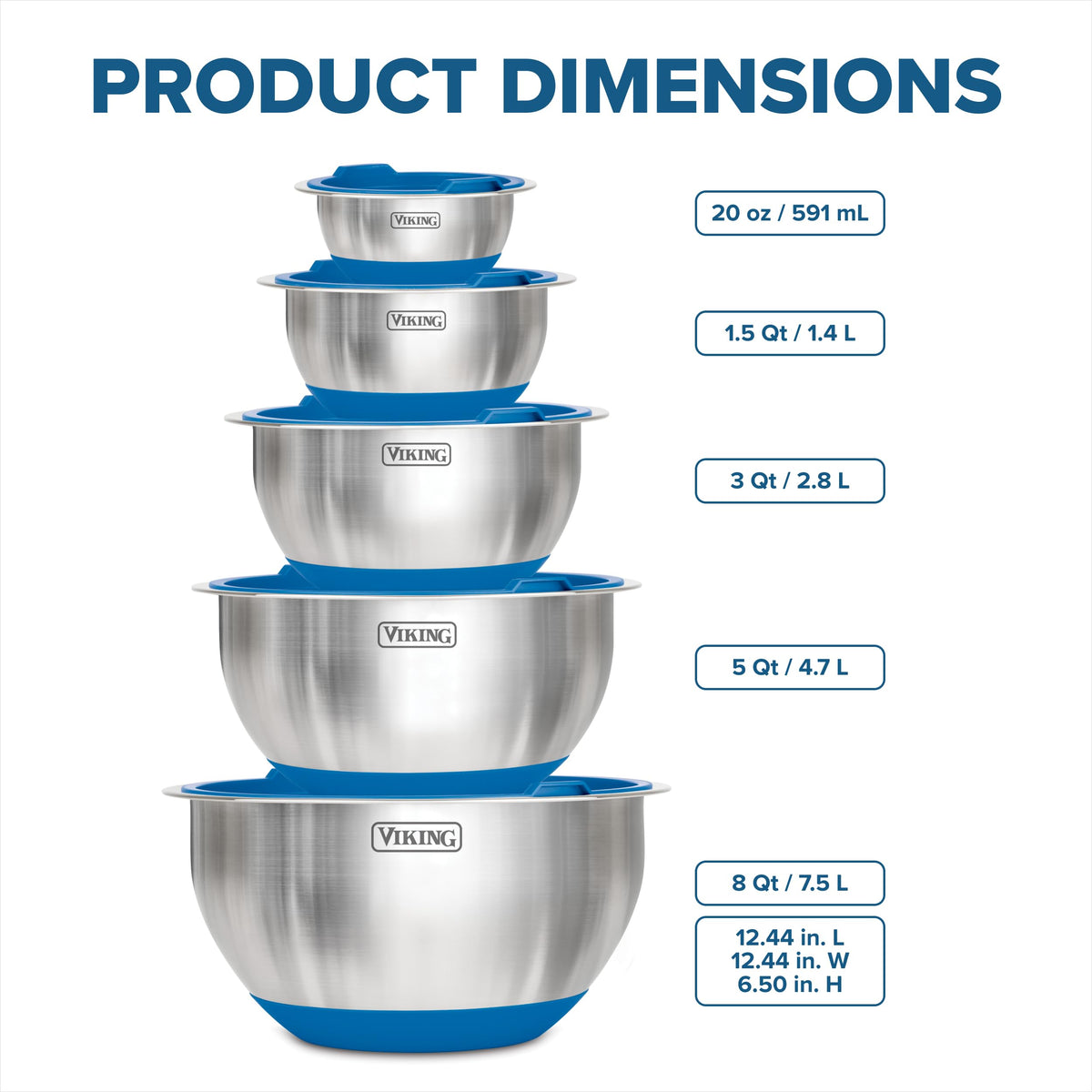 Viking 5 qt mixing bowl featuring non-slip base for stability on counters.