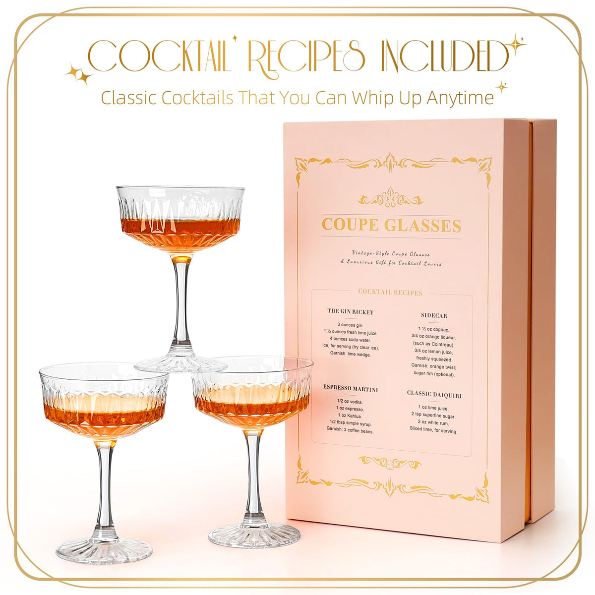 VIMERPA vintage-inspired coupe glasses on a lighted display shelf