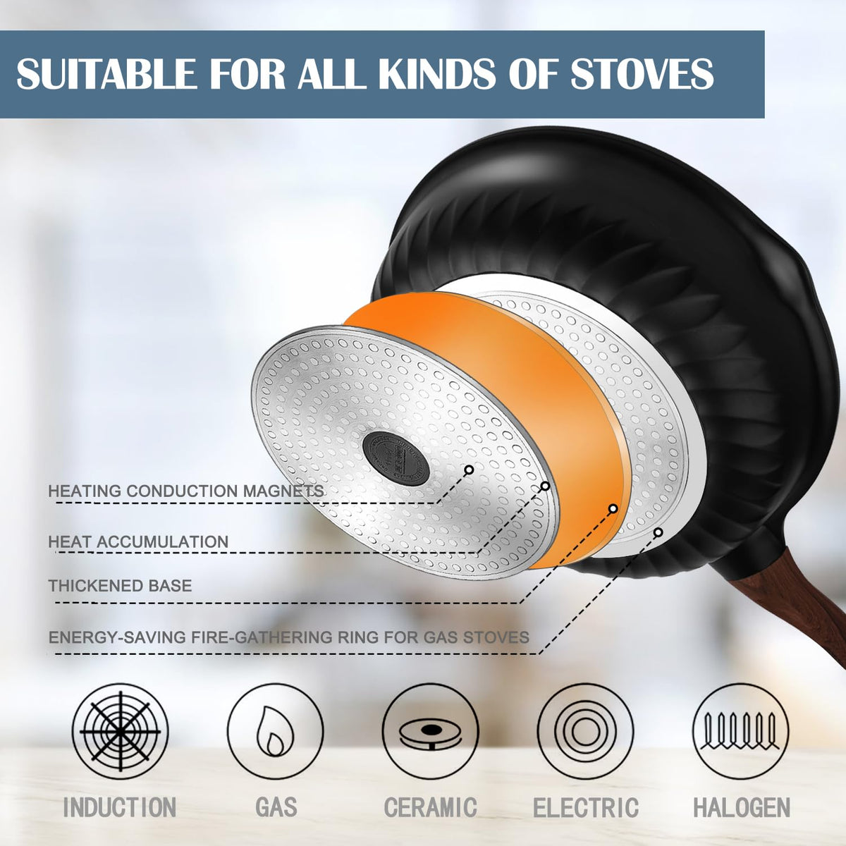 Vinchef induction-compatible bottom ensures even heating on gas, induction, or electric stoves.