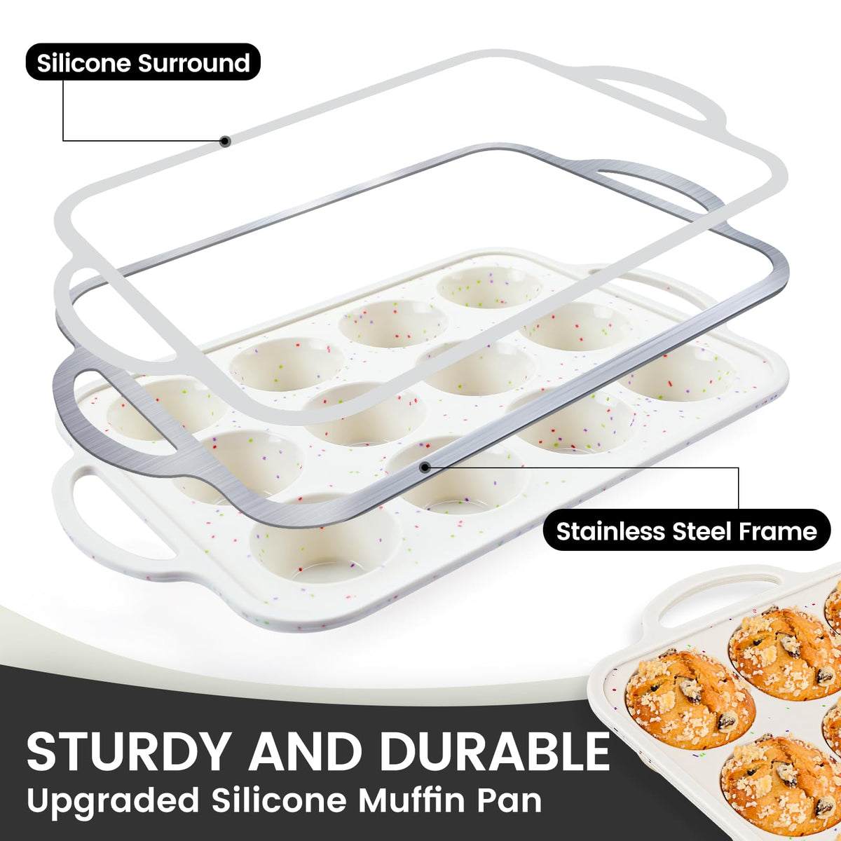 Vinino 24-cup mini silicone muffin pan ideal for bite-sized treats and portion control.