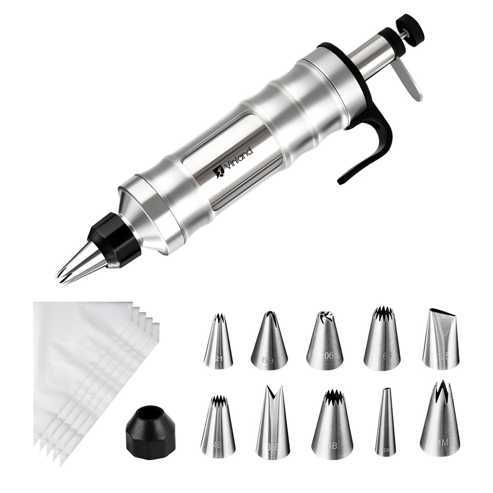 Vinland dessert decorating syringe set close-up showcases precision stainless steel construction for delicate frosting designs
