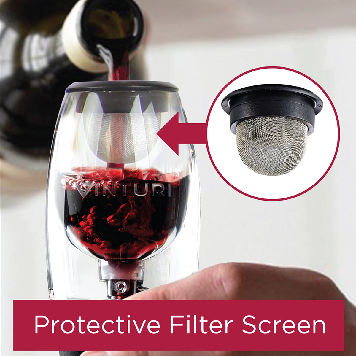 Vinturi filter mesh close-up demonstrates protective screen for clear pours.