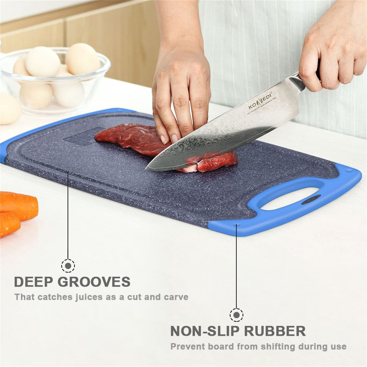 Viretang blue medium cutting board with juice grooves for vegetable prep and tidy counters