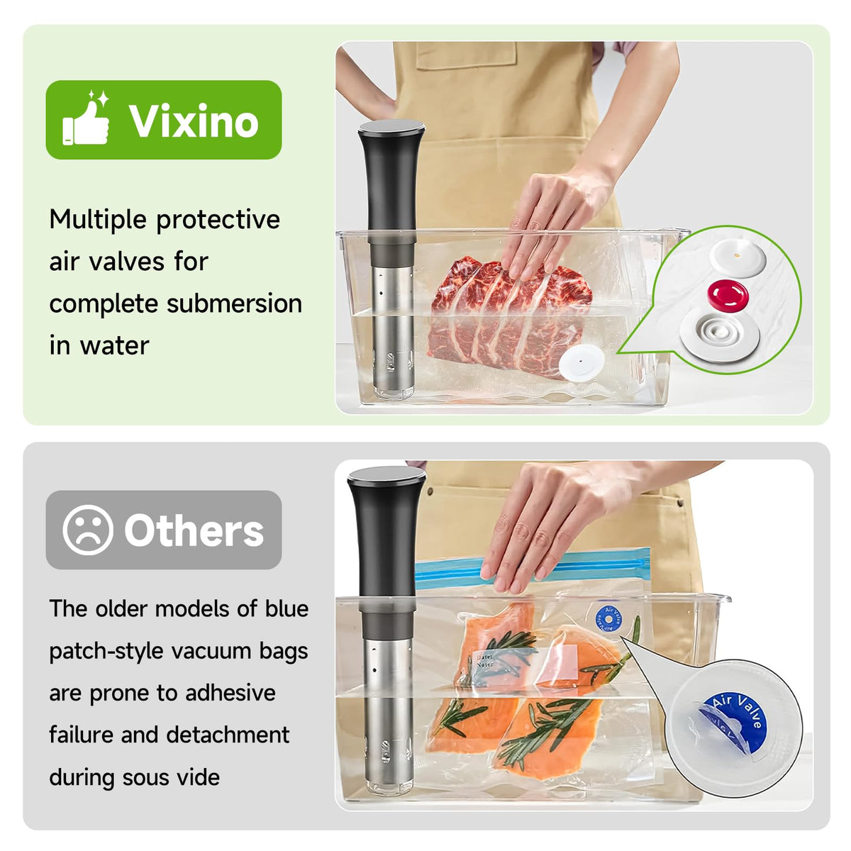 Vixino bags in 8x8 and 10x11 sizes fit diverse foods.