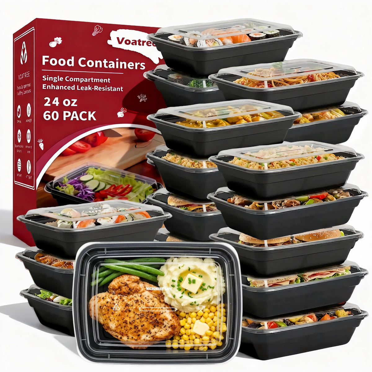 Voatree 60-pack 24oz rectangular containers with lids for portion-controlled meals on the go.