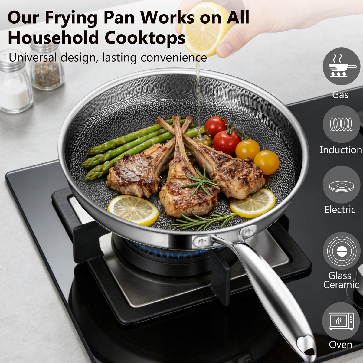 Vocvee tri-ply stainless steel skillet for even heat and durability