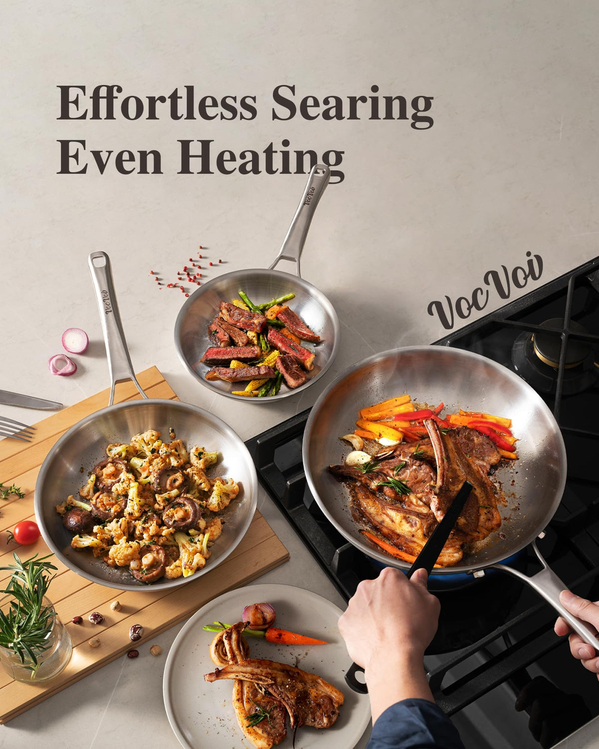 VocVoi ergonomic handle stainless pan use emphasizes comfortable grip during sauté.