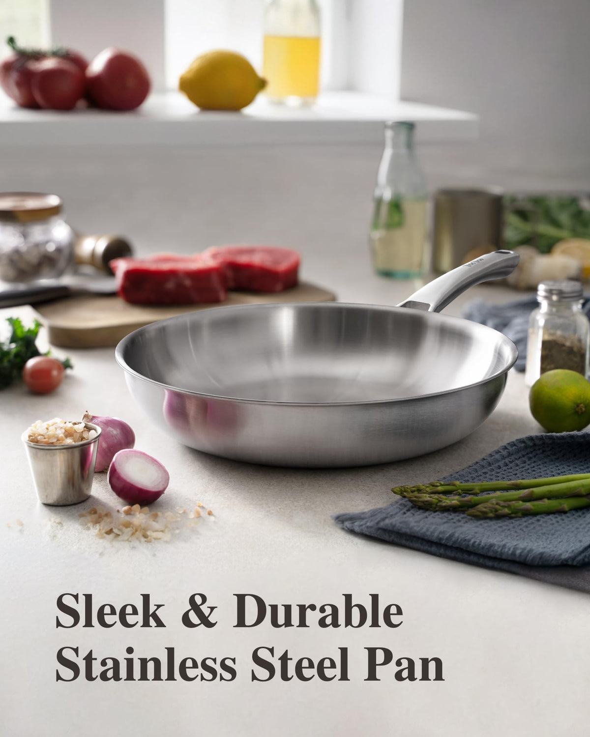 VocVoi stainless pan with lid on demonstrates secure fit for simmering and braising.