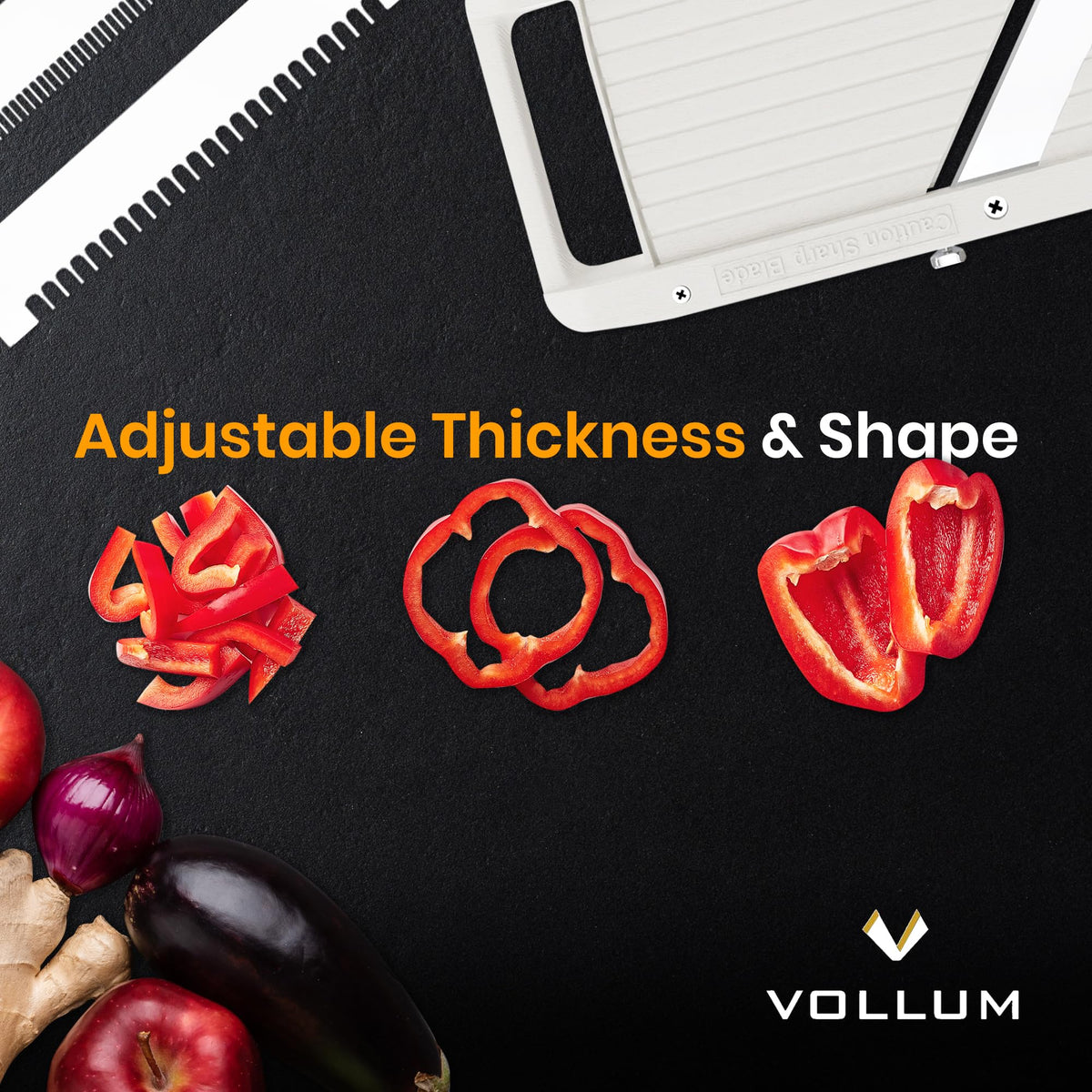 Vollum safety handguard protects fingers during precise, even slicing.