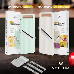 Vollum mandoline dimensions highlighting wide feed for efficient prep