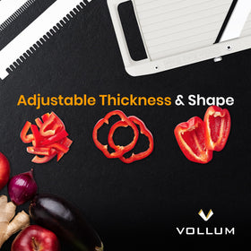 Vollum wide mandoline slicing a potato into uniform thin slices