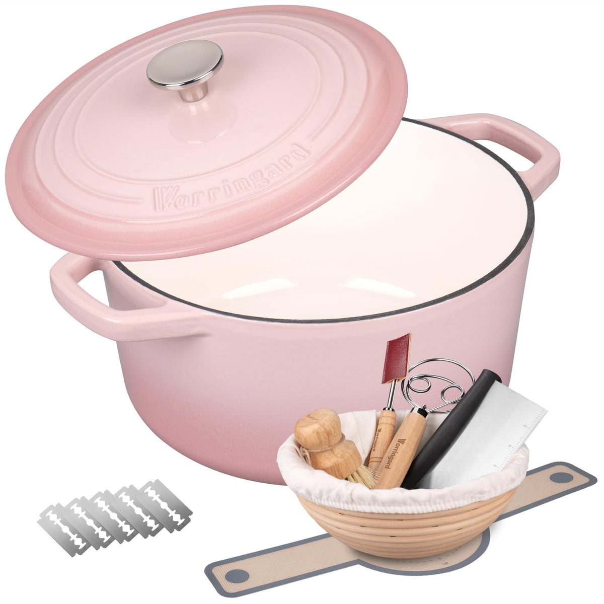 Vorringard enameled cast iron Dutch oven in pink with lid, ideal for versatile baking.