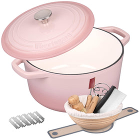 Vorringard enameled cast iron Dutch oven in pink with lid, ideal for versatile baking.