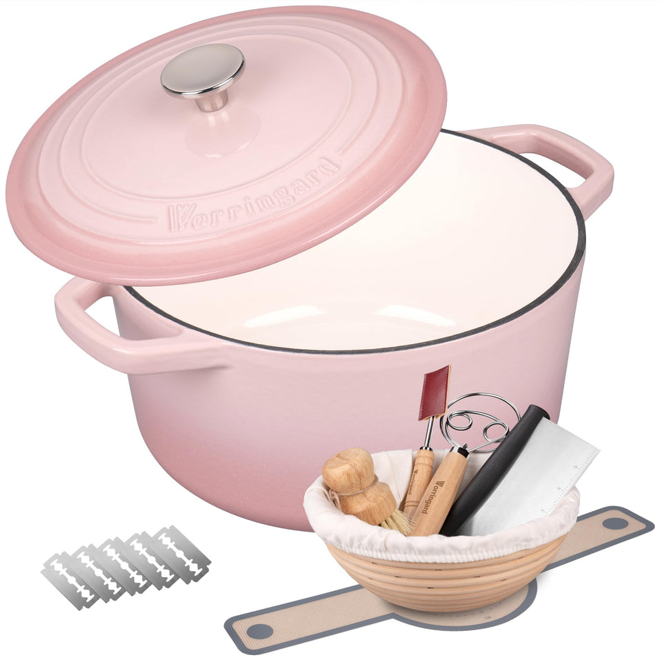 Vorringard enameled cast iron Dutch oven in pink with lid, ideal for versatile baking.
