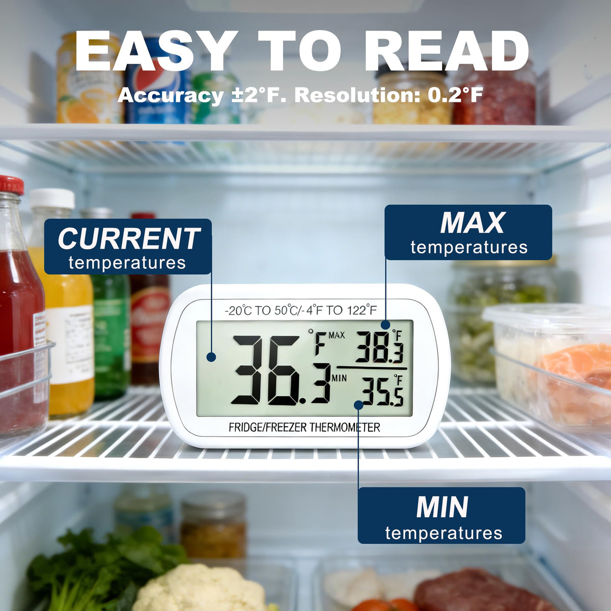 Vouloir digital freezer thermometer with large LCD for precise temperature monitoring.