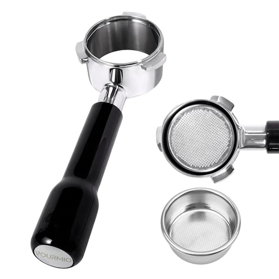 VOURMIO bottomless portafilter 54mm for precise extraction and crema visibility.