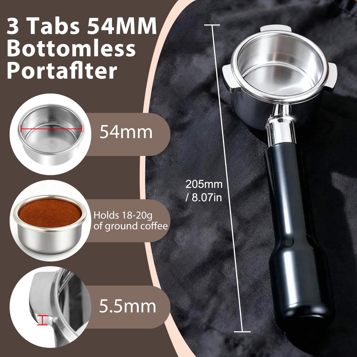 VOURMIO portafilter with detachable handle for quick cleaning and maintenance.