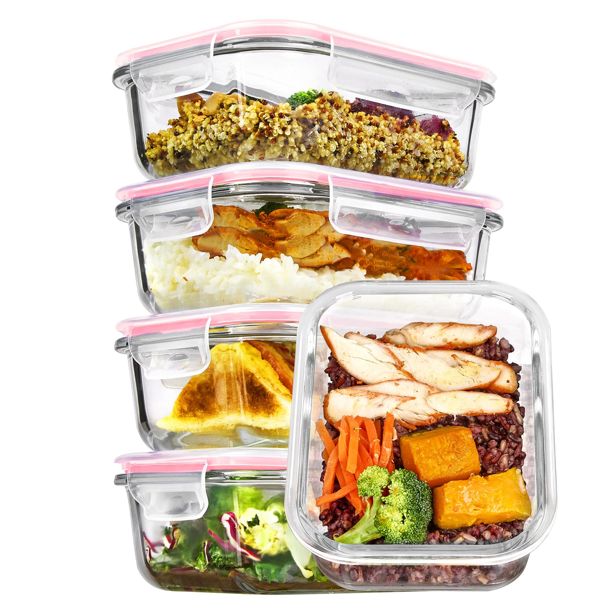 Vtopmart 5-pack 22oz glass containers with pink lids for meal prep.