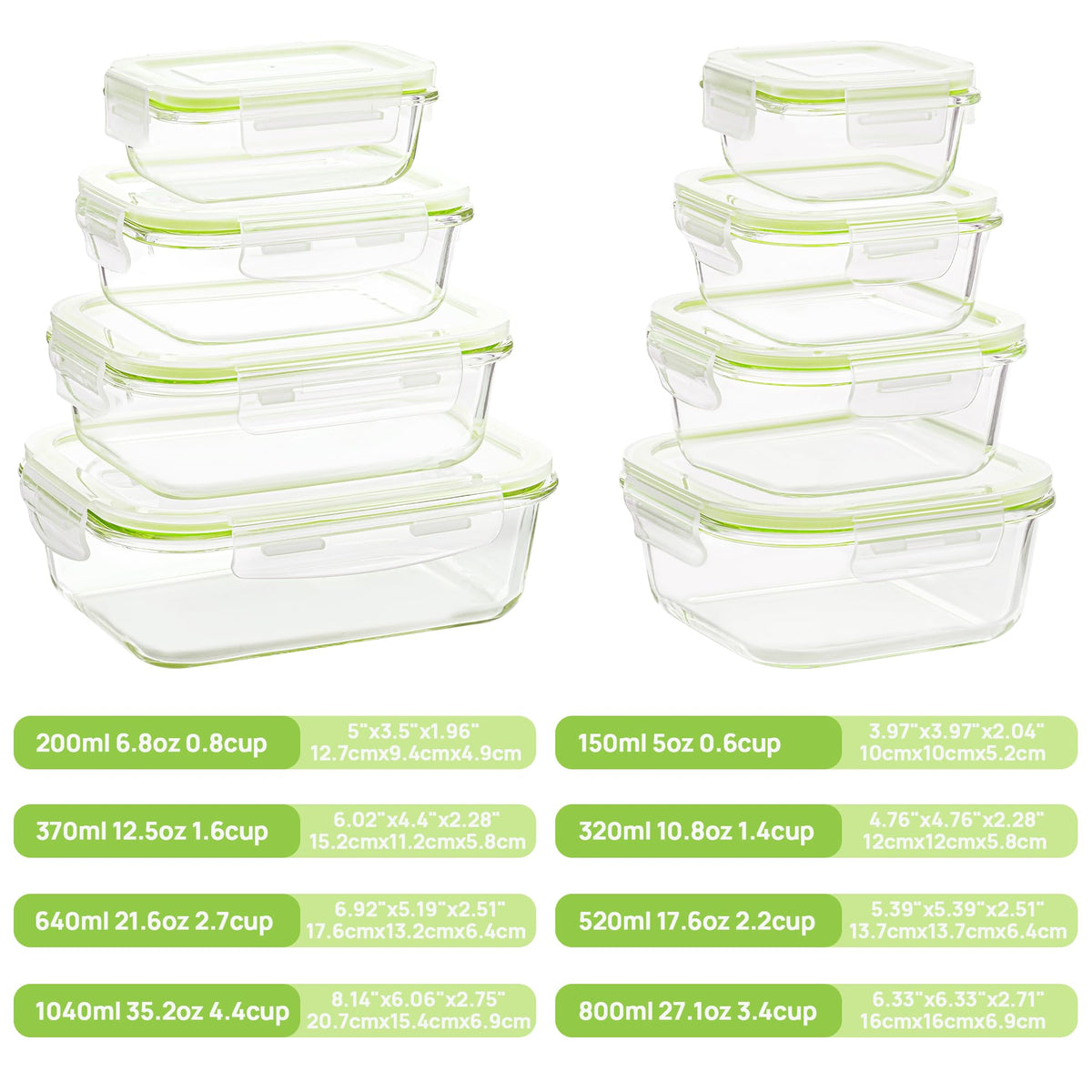 Vtopmart 8-pack square glass containers for versatile portions and lunches.