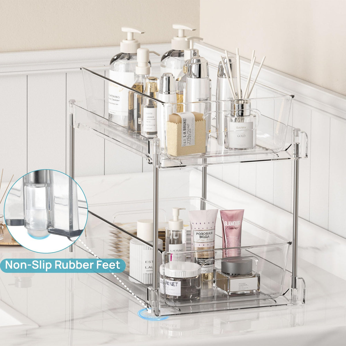 Vtopmart clear kitchen/pantry organizer keeps items visible and reachable.