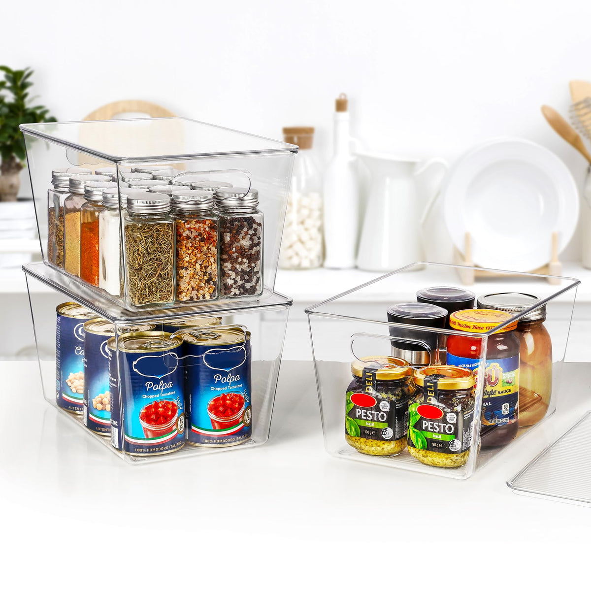 Vtopmart kitchen cabinet storage bin in use maximizes shelf space.