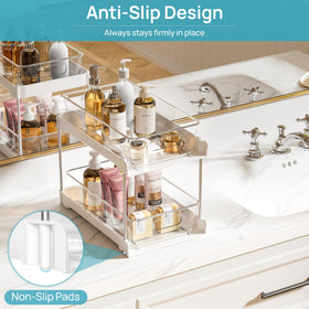 Vtopmart under-sink organizer fits narrow spaces, maximizing vertical storage.