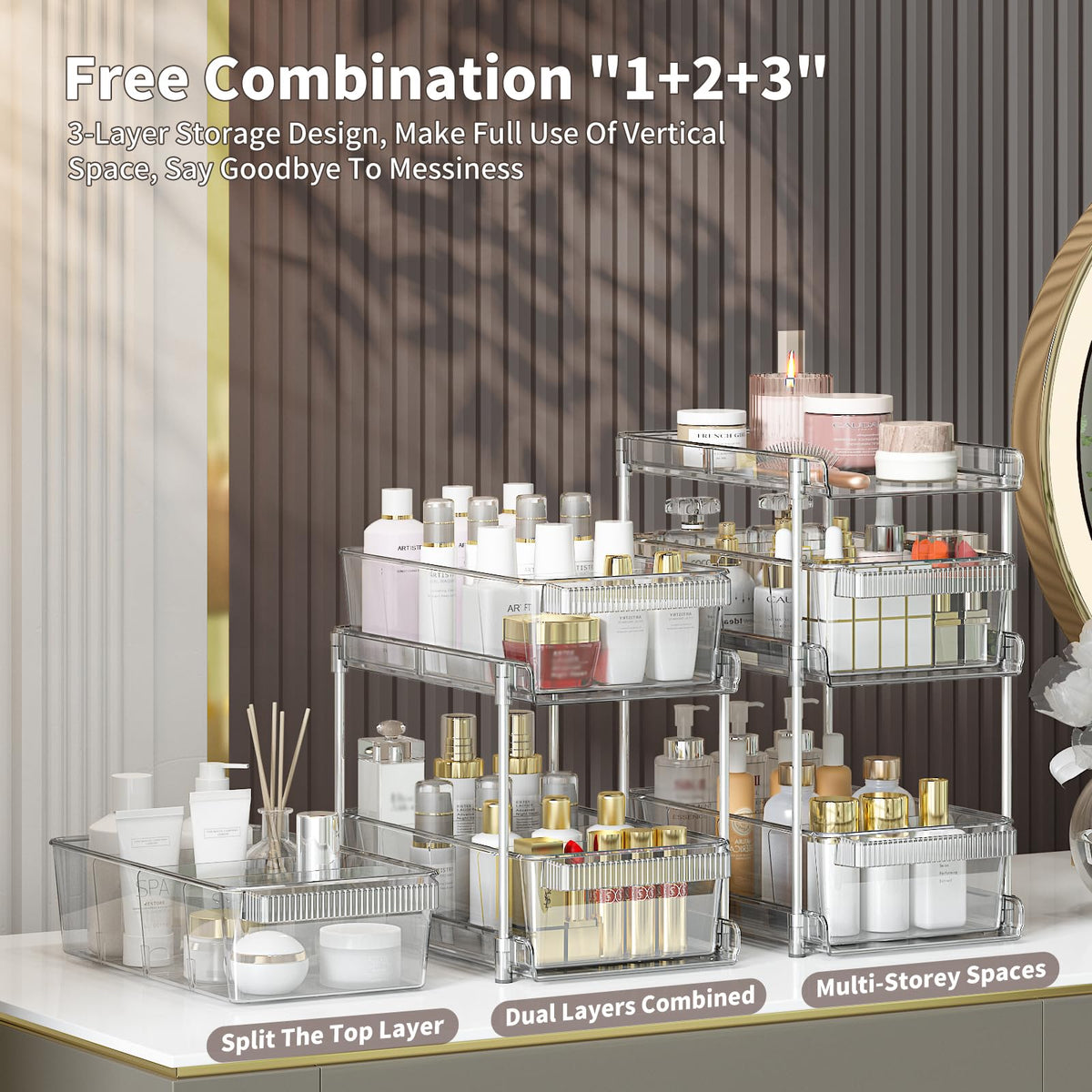 WAKISA drawer with removable dividers stores cosmetics neatly.